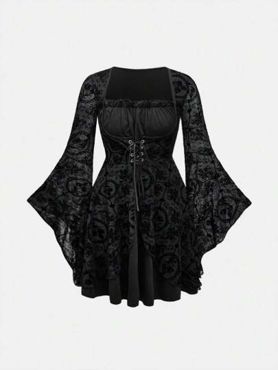 Goth Vestido de mujer con estilo gótico retro, con diseño de cruz y flores estampados y encaje de contraste, cordón en la cintura, para Año Nuevo
