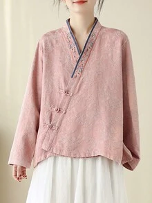 Chinese Style Retro Embroidered Button-Up Long Sleeve Cardigan Hanfu Casual Loose Blouse For Women