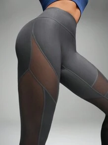 Innovista 女士纯色高腰拼接网眼健身紧身裤 - 深灰色 - 查看 11
