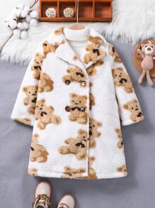 SHEIN Abrigo térmico con estampado de oso, cuello de solapa y hombros caídos para niña, ideal para uso casual, diario y escolar en otoño e invierno - Multicolor - Ver 3