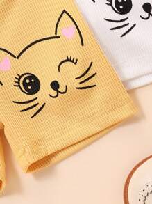 4pcs/Set Baby Girls Cute Cat Print Ribbed Shorts, Spring/Summer - Multicolor - View 6