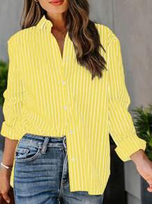 INAWLY 女士春夏条纹长袖日常通勤休闲宽松衬衫 - 黃色 - 查看 1