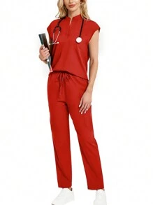 2pcs Women Solid Color V-Neck Cap Sleeve Top And Pants Scrub Uniform Set Spring Red - Red - View 4
