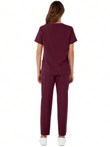 V-Neck Pocket Short Sleeve Top And Pocket Pants 2pcs Scrub Uniform Set