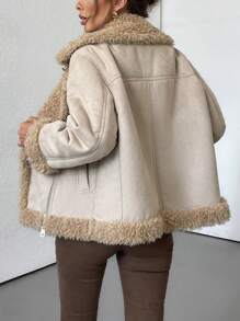 EMERY ROSE Winter New Fluffy Lined Short Jacket For Women, Thick Fleece Motorcycle Jacket, Fashionable & Versatile Fall Cloth For Women - Apricot - View 2
