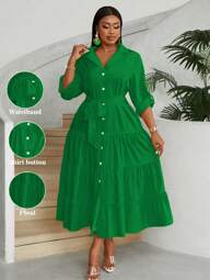 Maweii Plus Size Women Summer Solid Rolled Sleeve Long Dress With Ruffle Hem, Women Outfit Fall Cloth For Women