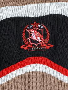 Tween Boy Casual Knitted Sweater & Pants Set For Autumn/Winter. This Boys' Autumn/Winter Sweater Set Features A Brown And Black Color-Blocking Design, With Striped Elements And Unique Graphics, Showcasing A Fashionable And Personalized Style - Khaki - View 3