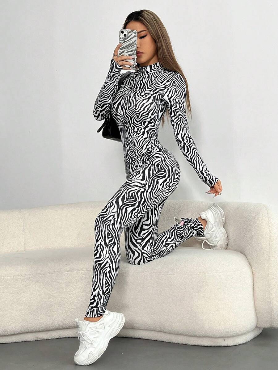 SHEIN Unity 1 件时尚斑马条纹立领长袖连体裤春秋季 - 黑與白 - 查看 1