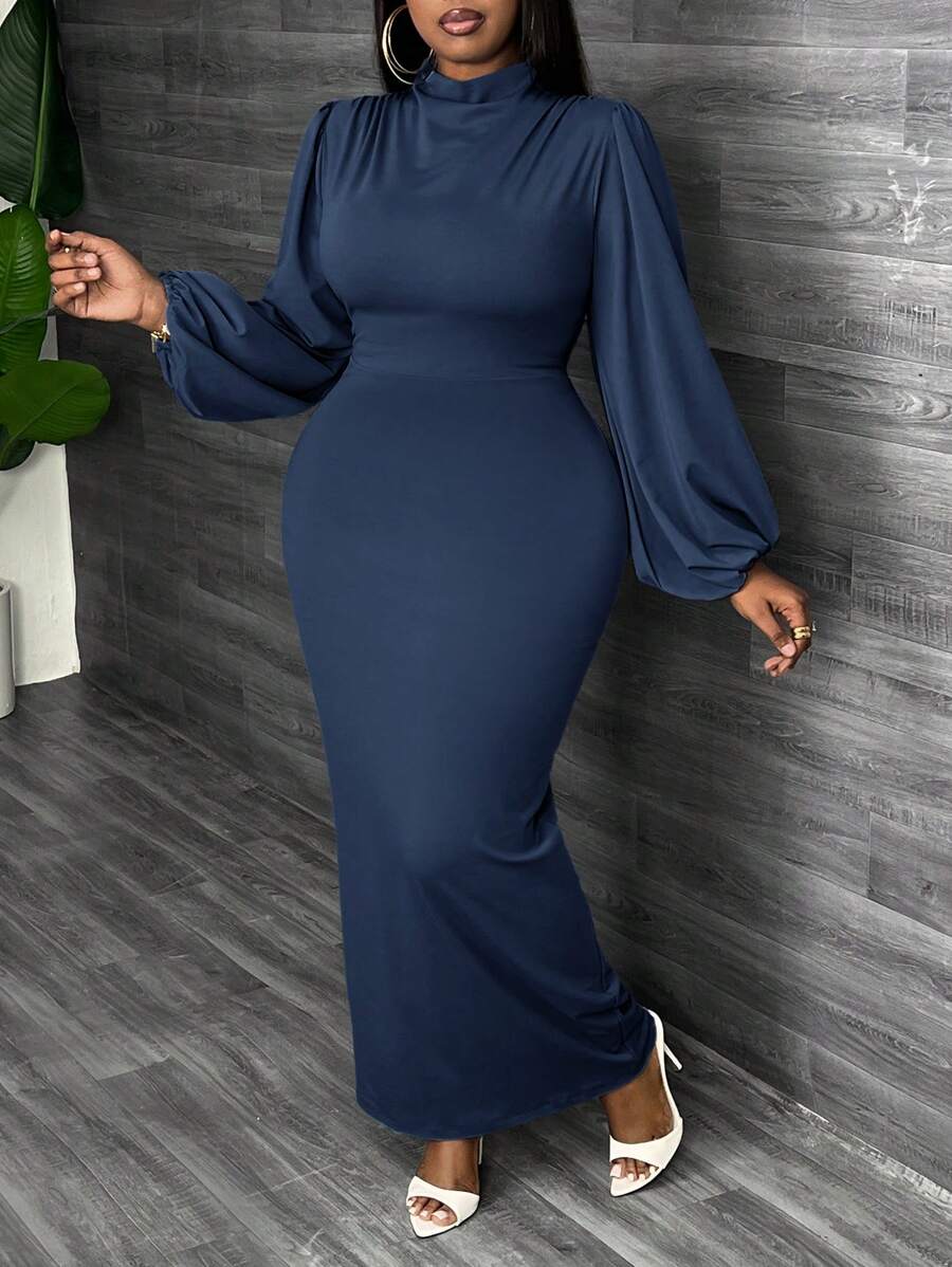 Slaydiva Váy dài tay đèn lồng thanh lịch cỡ lớn màu xanh cho nữ, mùa hè và mùa thu - Màu xanh hải quân - Xem 1