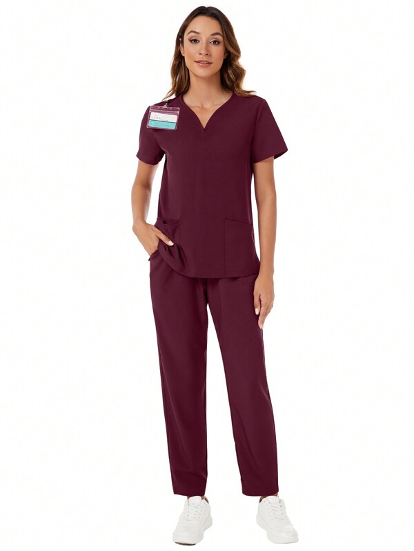 Top cu mânecă scurtă cu buzunar cu decolteu în V și pantaloni de buzunar 2 buc. Set uniforme de scrub