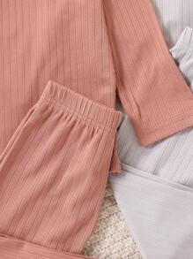 Conjunto de 3 piezas para niña bebé, top de manga larga cuello redondo tejido y pantalones de unicolor - Gris Claro - Ver 6