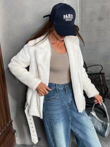 GENKIRA Women's Solid Color Commuter Style Splicing Waistband Fluffy Jacket Fall Cloth For Women - Apricot - View 4