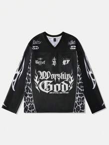 ROMWE MEN Street Life Men's Leopard Print Streetwear Baseball Jersey Long Sleeve T-Shirt, Mesh Fabric Patchwork With Glossy Finish - Black - View 1