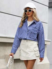 Aveloria Commuter Design Colorblock Striped Lapel Single-Breasted Utility Pocket Decor Loose Casual Blouse For Women