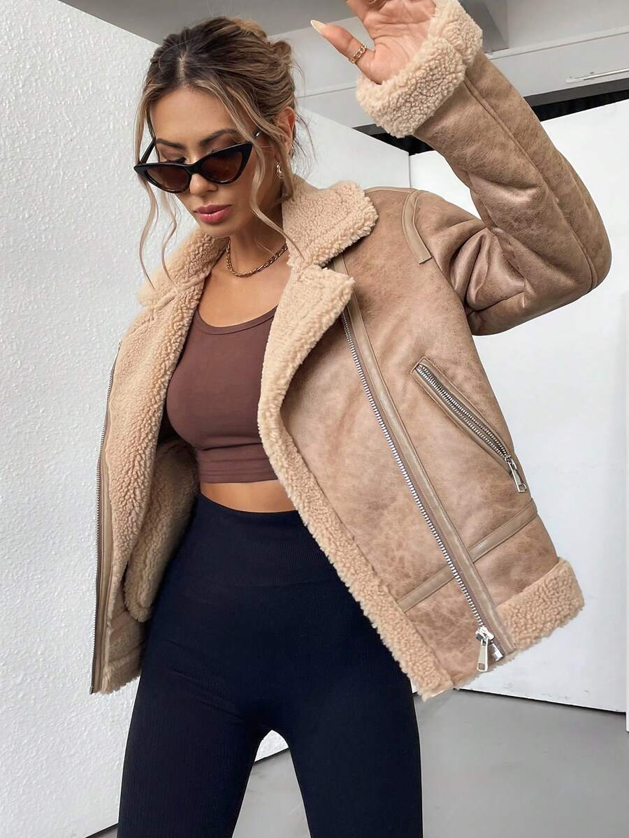 SHEIN Essnce Women's Faux Fur Lined Casual Motorcycle Jacket, Loose Fit