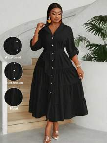 Maweii Plus Size Front Button Long Sleeve Minimalist Pleat Detail Casual Dress Maxi Women Outfit