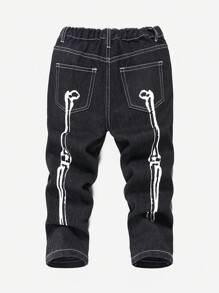 SHEIN Young Boy Fashion Casual Bone-Patterned Black Comfortable Baggy Jeans For Halloween Clothes And Halloween Party Favors - Black - View 7