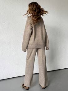 GENKIRA 2 件套：休闲圆领宽松针织毛衣和直筒裤 - 卡其色 - 查看 2