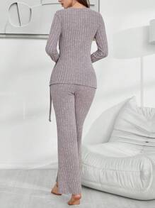 Women's Heart Chain V-Neck Asymmetric Design Loungewear Set - Mauve Purple - View 2