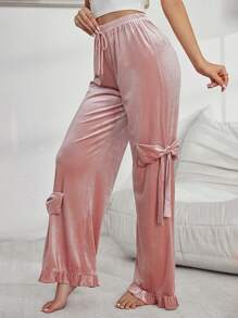 Women's Solid Velvet Bow Pajama Bottoms, Autumn & Winter