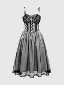 ROMWE Đầm công chúa Gothic ren chắp vá Dark Lolita có thể điều chỉnh cho nữ - màu đen - Xem 1