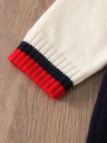 Baby Boy Striped Knitted Romper With Emblem, Long Sleeve - Blue and White - View 4