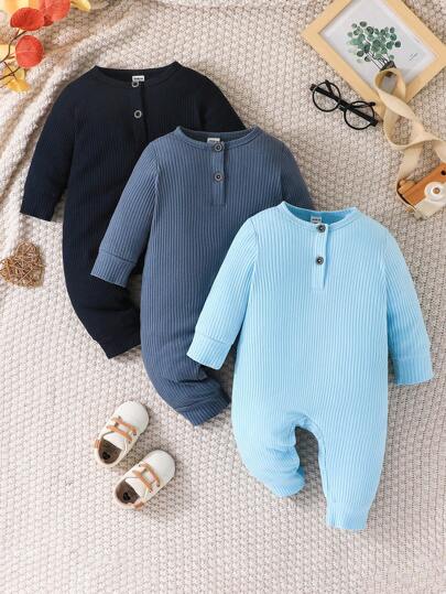 SHEIN Vintaside Kids 3pcs/Set Baby Boys Ribbed Jumpsuits, Spring/Fall