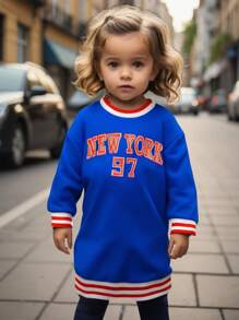 Robe à capuche rayée et décontractée pour bébé fille avec éléments anglais, tenue d'hiver chaude - Bleu azur - Voir 1