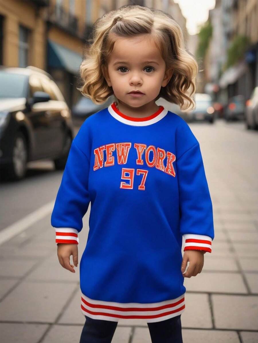 Robe à capuche rayée et décontractée pour bébé fille avec éléments anglais, tenue d'hiver chaude - Bleu azur - Voir 1