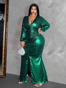 Maweii Plus Size Women's Pleated Long Sleeve Party Dress Maxi Women Outfit - Green - View 4