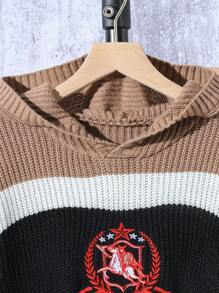 Tween Boy Casual Knitted Sweater & Pants Set For Autumn/Winter. This Boys' Autumn/Winter Sweater Set Features A Brown And Black Color-Blocking Design, With Striped Elements And Unique Graphics, Showcasing A Fashionable And Personalized Style - Khaki - View 5