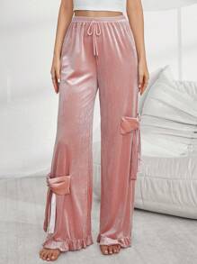 Women's Solid Velvet Bow Pajama Bottoms, Autumn & Winter