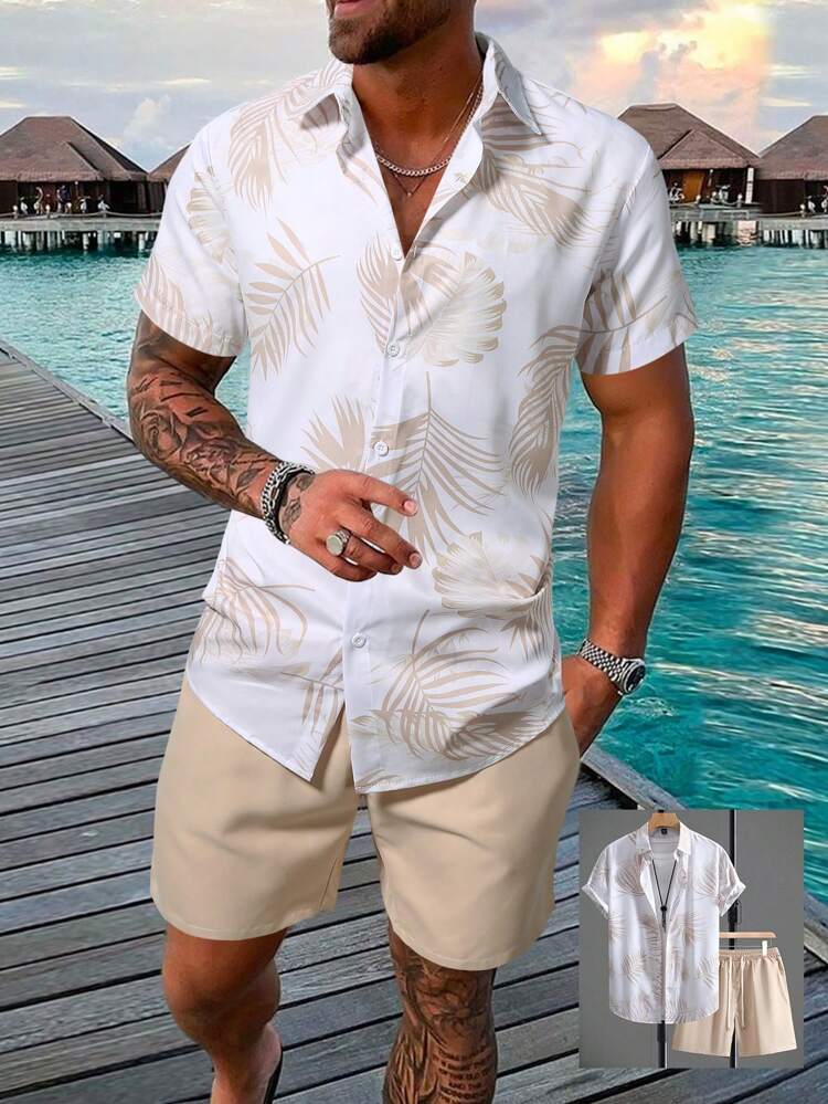 Men's Vacation Plant Printed Short Sleeve Shirt And Plain Shorts 2 Pieces Set, Summer Clothes Casual Wear , Beach , Graphic , Vacation , Husband , Colorful, Cozy Outfits