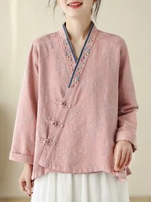 Chinese Style Retro Embroidered Button-Up Long Sleeve Cardigan Hanfu Casual Loose Blouse For Women