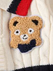 Baby Boy Striped Knitted Romper With Emblem, Long Sleeve - Blue and White - View 3