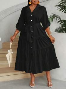 Maweii Plus Size Front Button Long Sleeve Minimalist Pleat Detail Casual Dress Maxi Women Outfit