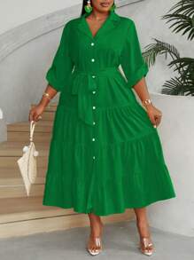 Maweii 大码女式夏季纯色卷袖长裙，带褶边下摆，女式服装 - 綠色 - 查看 3