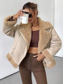 EMERY ROSE Winter New Fluffy Lined Short Jacket For Women, Thick Fleece Motorcycle Jacket, Fashionable & Versatile Fall Cloth For Women - Apricot - View 5