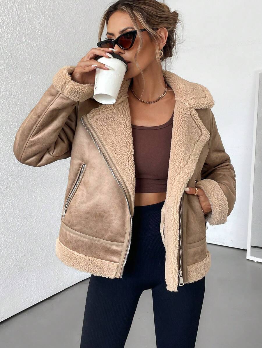 SHEIN Essnce Women's Faux Fur Lined Casual Motorcycle Jacket, Loose Fit