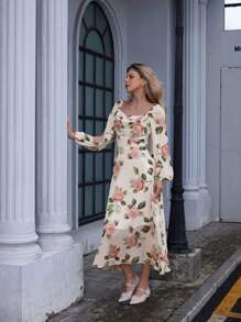 Aveloria Rosie Vestido de gasa de manga larga con cuello cuadrado elegante y vintage, ribete de volantes, estampado floral y cintura ceñida