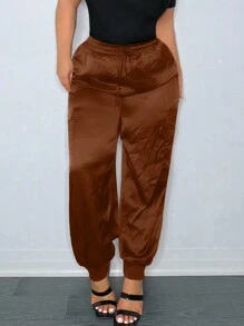 SHEIN SXY Spring And Summer Satin Drawstring Waist Casual Plus Women's Trousers