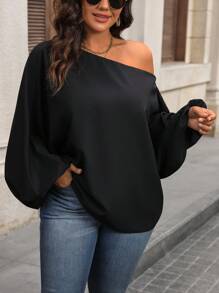 Juhart Áo cánh dơi cổ bẻ tay rộng màu trơn cỡ lớn cho nữ, áo một bên vai - màu đen - Xem 5