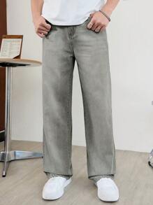 SHEIN 青少年男孩简约百搭混搭水洗休闲宽松牛仔裤，适合夏季和日常穿着 - 灰色 - 查看 3