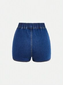 SHEIN Váy denim viền bèo nhún tối giản cho bé gái tuổi teen, trang phục thường ngày - Rửa trung bình - Xem 2