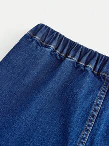 SHEIN Váy denim viền bèo nhún tối giản cho bé gái tuổi teen, trang phục thường ngày - Rửa trung bình - Xem 4