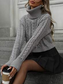 GENKIRA 优雅纯色绞花针织宽松立领套头毛衣，秋冬款 - 灰色 - 查看 3