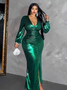 Maweii Plus Size Women's Pleated Long Sleeve Party Dress Maxi Women Outfit - Green - View 1
