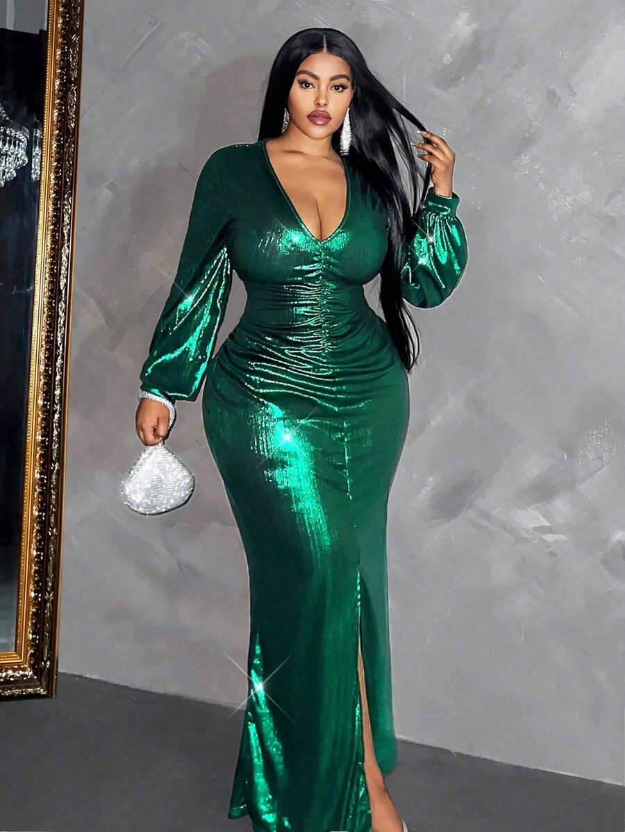 Maweii Plus Size Women's Pleated Long Sleeve Party Dress Maxi Women Outfit - Green - View 1