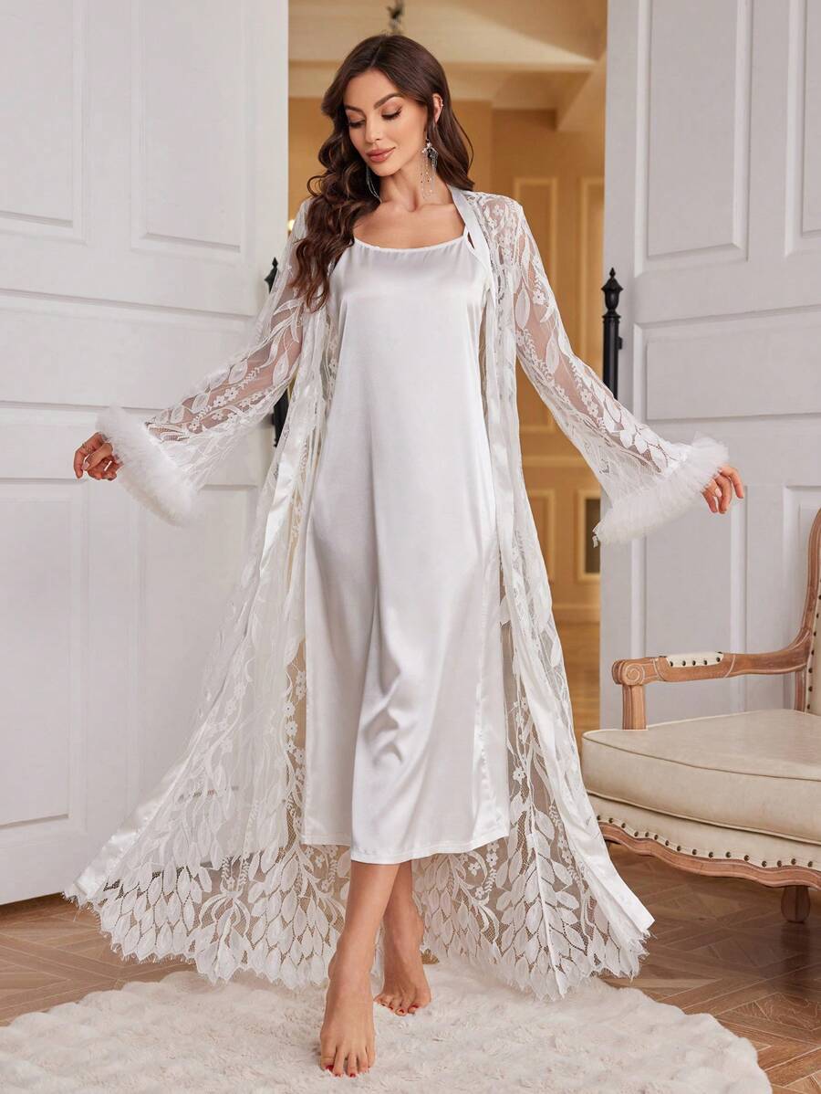 2pcs Floral Lace Sheer Robe And Faux Silk Cami Nightgown Set - White - View 1