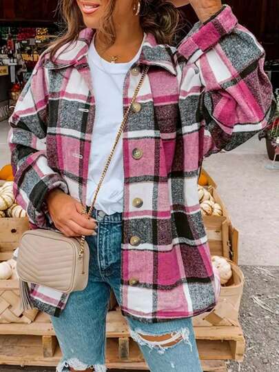 Plus Size Front Button Long Sleeve Plaid Jacket, Casual Everyday Wear